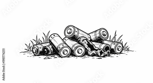 Pile of discarded batteries and crumpled paper in grass