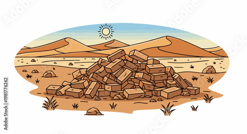 Pile of bricks in a desert landscape with sand dunes and sun