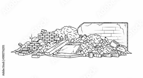 Pile of rubble and plastic bottles in a sketchy drawing