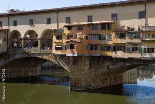 Close-up of the famous Ponte Vecchio spanning the River Arno in Florence, Tuscany, Italy