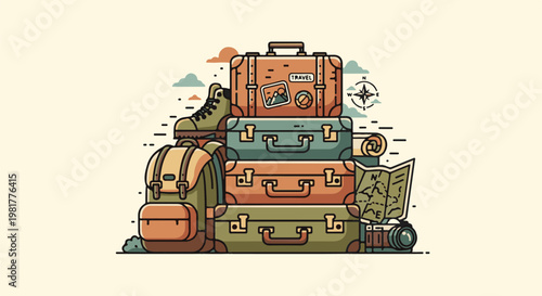 Pile of travel luggage, backpack, boots, map, and camera