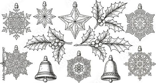 Intricate holiday ornament designs featuring snowflakes, bells, and greenery patterns Vector