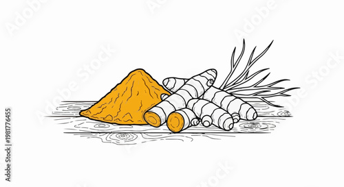 Pile of vibrant yellow turmeric powder and root pieces on wood