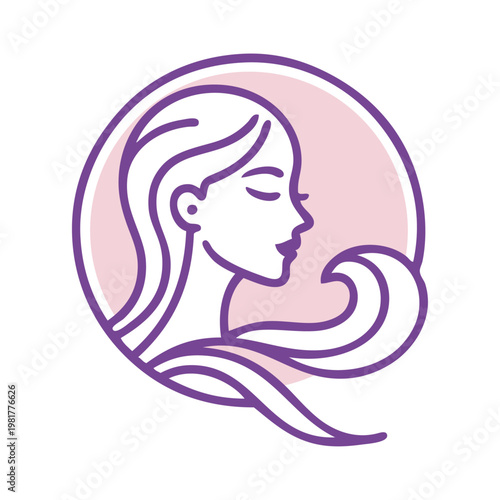 Logotipo de salón de belleza. Dibujo minimalista con líneas de una cara de mujer con peinado con ondas en círculo
