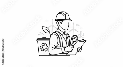 Person in hardhat inspects recycling bin and wind turbines in background