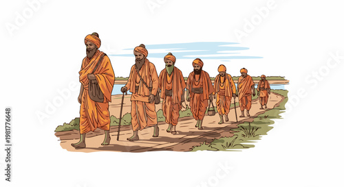 Pilgrimage group in orange robes walk a dusty path by water