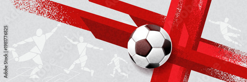 Creative England football background featuring red cross brush strokes with a soccer ball on minimal grey layout. Clean and modern sports composition inspired by England national colors.