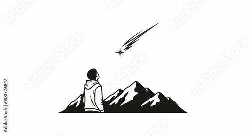 Person in hoodie watches shooting star over mountain range