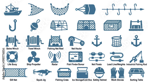 Industrial Fishing Gear and Commercial Seafood Industry Vector Icon Set