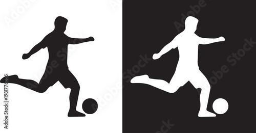 Soccer player kicking ball silhouette icon with football action pose isolated vector