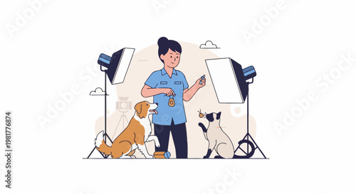 Person photographing pets with studio lights