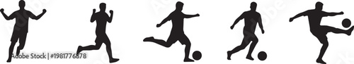 Soccer player silhouette set with football action poses dribbling kicking and running in vector style