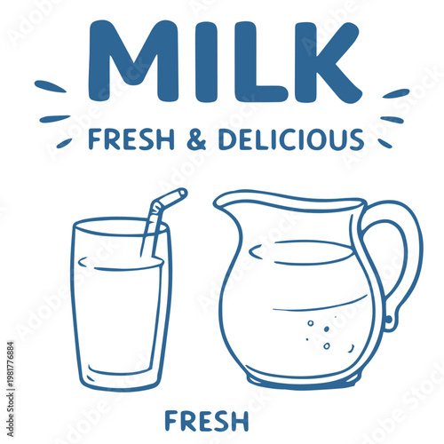 Milk fresh delicious doodle illustration with glass and jug dairy drink
