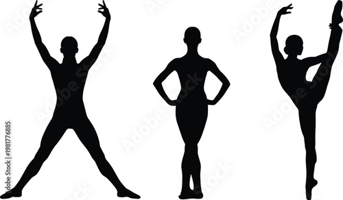 Gymnast silhouettes vector set, female fitness poses, stretching and flexibility training, athletic performance illustration isolated on white background