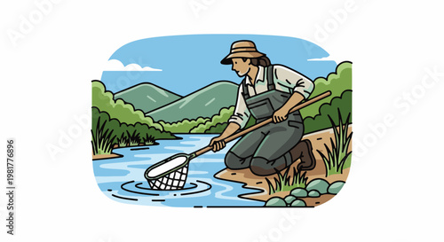 Person in overalls and hat catches fish with net in serene mountain stream