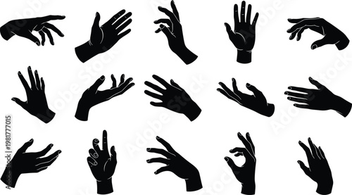 Hand silhouettes collection vector, expressive human gestures set, open palm, pointing, holding poses isolated on white background illustration