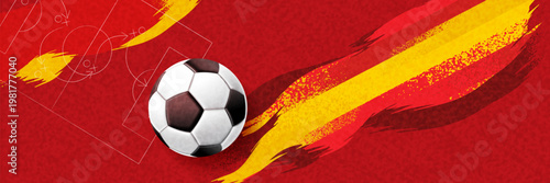 Vibrant Spain football background with red and yellow brush strokes and soccer ball composition. Energetic sports design inspired by Spanish national colors.