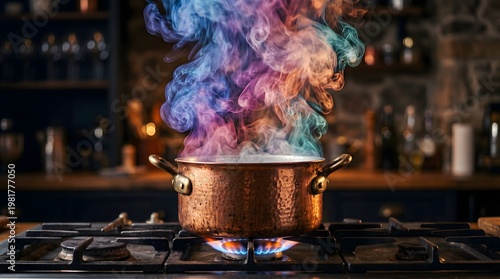 Vibrant iridescent steam swirls from a copper pot on a gas flame, symbolizing the magical alchemy of culinary creation, creative inspiration, and the fusion of imaginative ideas