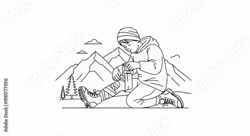 Person preparing outdoor gear with mountains and trees in background