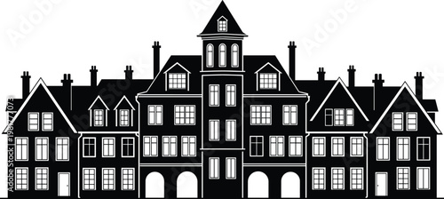 Historic mansion building silhouette vector, classic European architecture house, black vintage palace facade isolated on white background illustration design