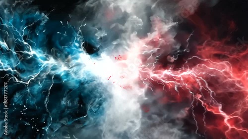 Abstract painting depicting a clash of elements blue lightning versus red fire
