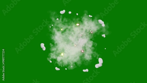 Smoke burst fx animation, cartoon 2d hand drawn smoke explosion, anime energy spark light, flash puff dust transition, dynamic blast effect on green screen background 4k
