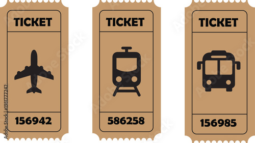 Vintage transport tickets set with airplane train and bus admission passes retro style vector
