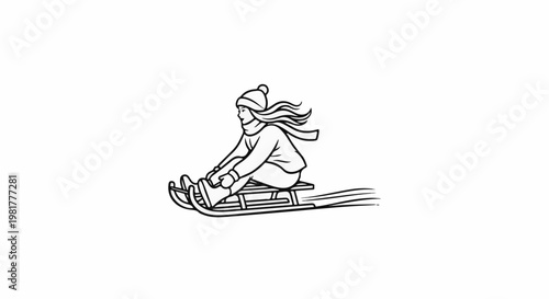 Person in winter clothes speeding downhill on a sled, windblown hair