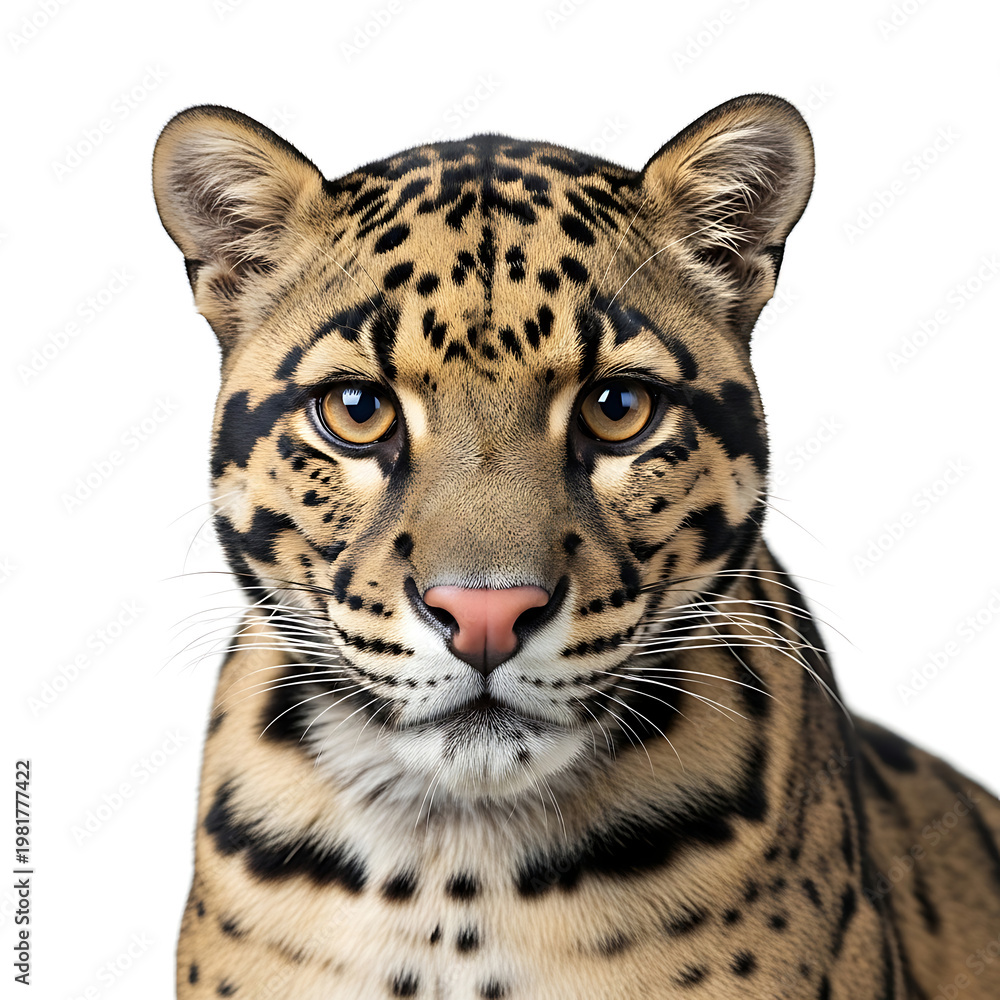 Fototapeta premium Clouded Leopard Close Up Portrait of an Exotic Wild Cat on White Background