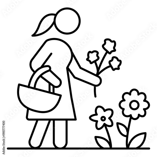 Nature Harvesting Outline Icon with Basket and Wild Plant Gathering