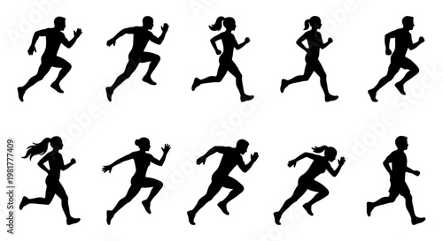 Running people silhouettes set, 10 black vector icons of male and female runners, athletic men and women jogging in motion, sports and fitness activity