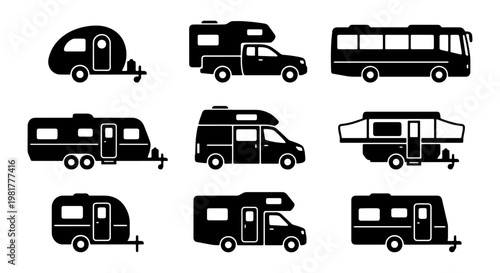 Recreational vehicle icon set, 9 black camper and caravan vector silhouettes, motorhome and travel trailer collection for camping and road trip design