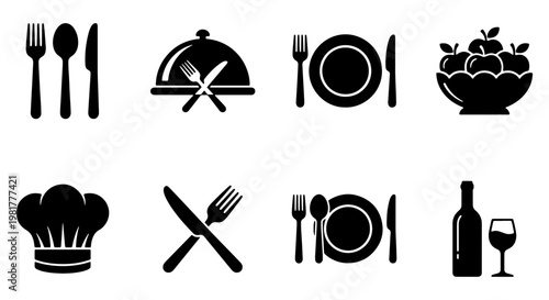 Restaurant and dining icon set, black minimalist cutlery and food symbols, 8 vector elements for menu design and catering signage