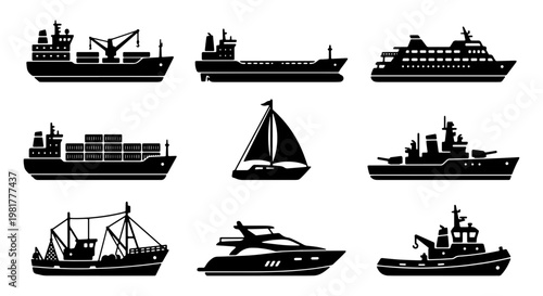 Maritime ship silhouette collection, set of 9 nautical vessel icons, cargo boat and ocean transport vector graphics, industrial marine logistics symbols