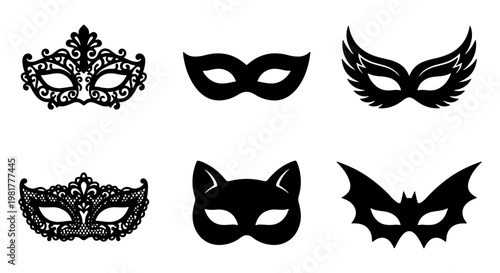 Venetian masquerade mask collection, black lace and animal silhouette eye masks, set of 6 vector icons for carnival and party invitations