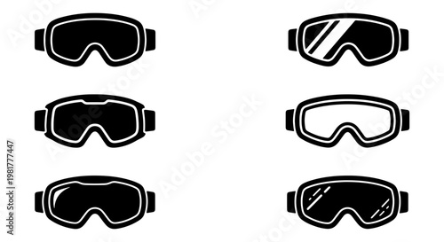 Ski goggles icon set, black and white winter sports eyewear vector, 6 minimalist snowboarding goggles collection for outdoor adventure design
