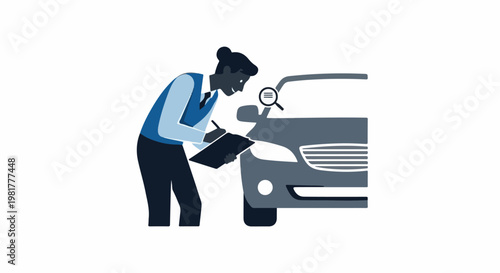 Person inspecting a car with a clipboard and magnifying glass