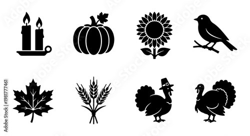 Thanksgiving autumn icon set, 8 black silhouette harvest symbols, pumpkin and turkey vector graphics, fall season decorative elements for holiday design