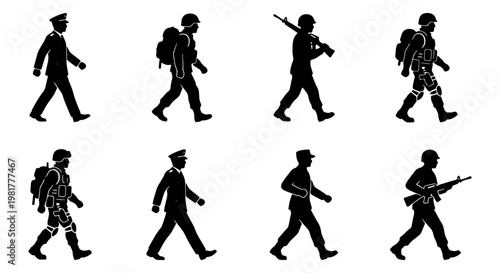 Military soldier silhouette set, infantry troops and army officers walking in profile, 8 black vector icons of armed forces personnel