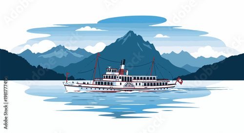 Paddle steamer navigates a serene lake surrounded by majestic mountains under a cloudy sky