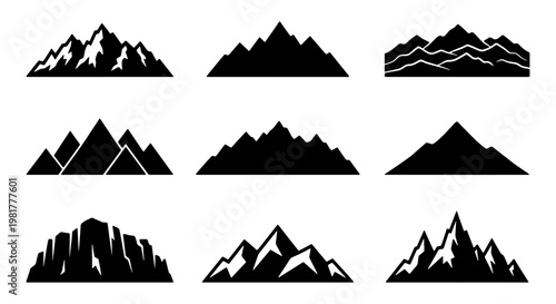 Mountain silhouette icons set, black peak shapes for outdoor adventure logos, minimalist nature landscape vector elements for hiking and camping branding