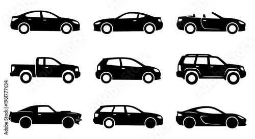 Black car silhouette icons set, 9 vehicle body types vector collection, sedan and suv transport symbols, automotive side view graphics