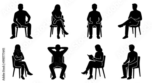 Black silhouette people sitting on chairs, set of 8 human figures in various poses, men and women seated in office or waiting room furniture, vector icons
