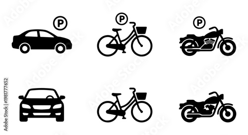 Vehicle parking icons set, black car bicycle and motorcycle silhouettes, transportation signage symbols for urban navigation and traffic maps