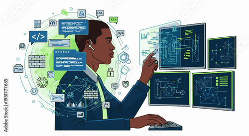 Person interacting with futuristic digital interface and screens displaying code