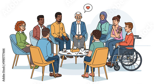 Diverse and inclusive community group meeting, fostering open communication, empathy, and mutual support among people from various backgrounds
