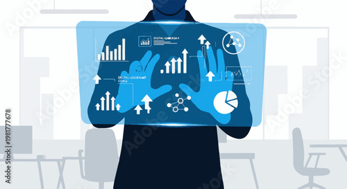 Person interacts with digital display showing charts, graphs, and network diagrams