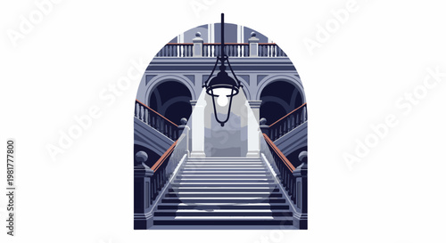 Ornate grand staircase with ornate lamp illuminated from above