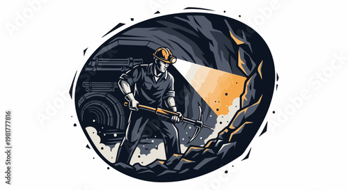 Miner working in darkness with pickaxe under headlamp beam