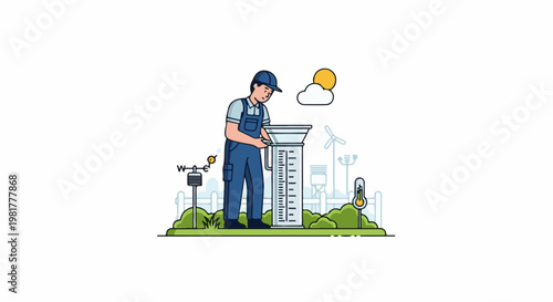 Meteorologist takes readings from a rain gauge in a weather station